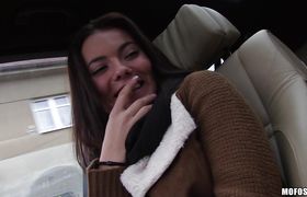 Lovely young girlie Vanessa Decker blows a big penis with vigor